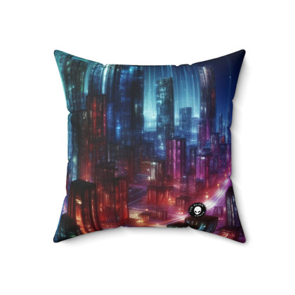 "Neon Skyline: un paisaje urbano futurista": almohada cuadrada de poliéster hilado de Alien