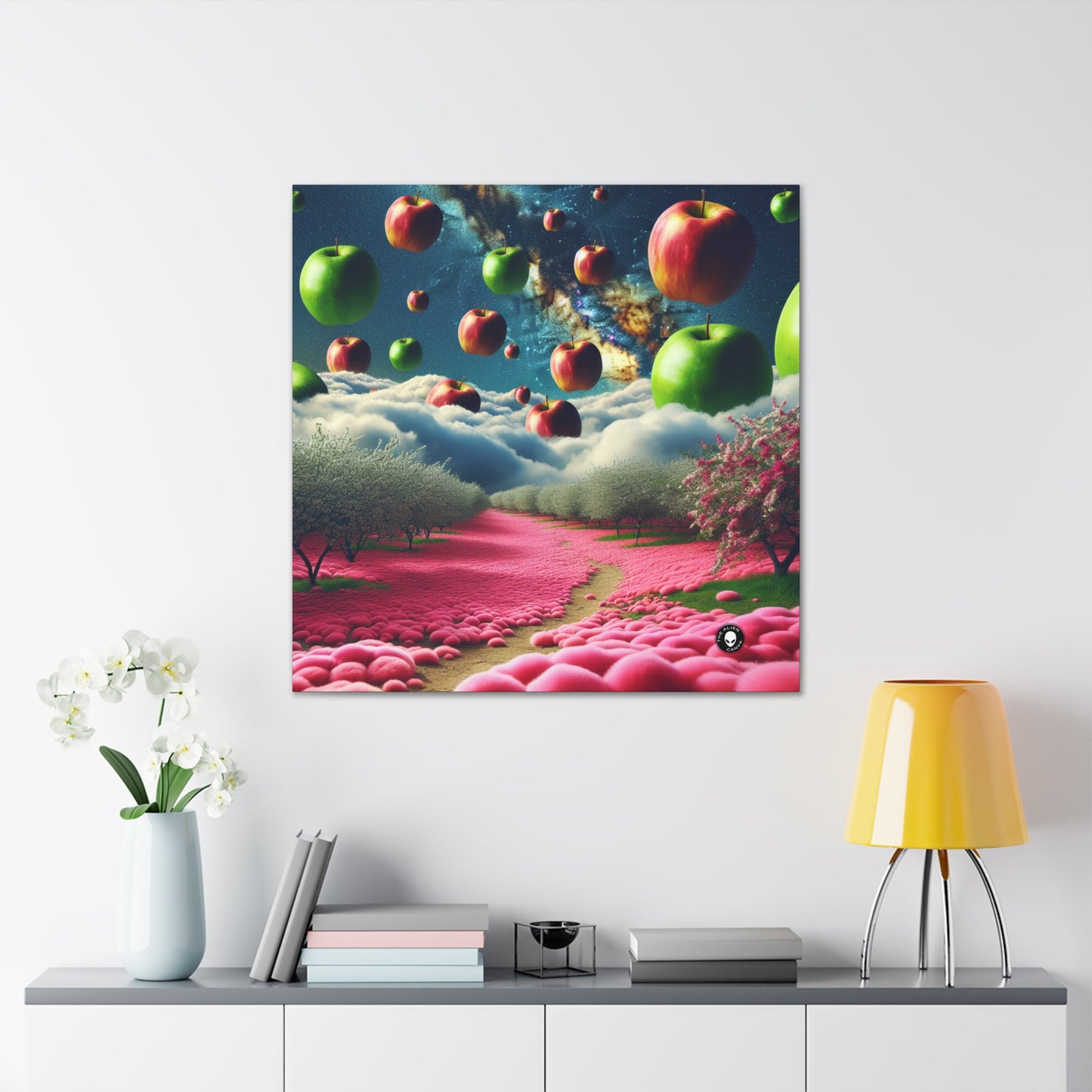 « Ciel de pomme et tapis de fleurs roses : un paysage surréaliste » - The Alien Canva