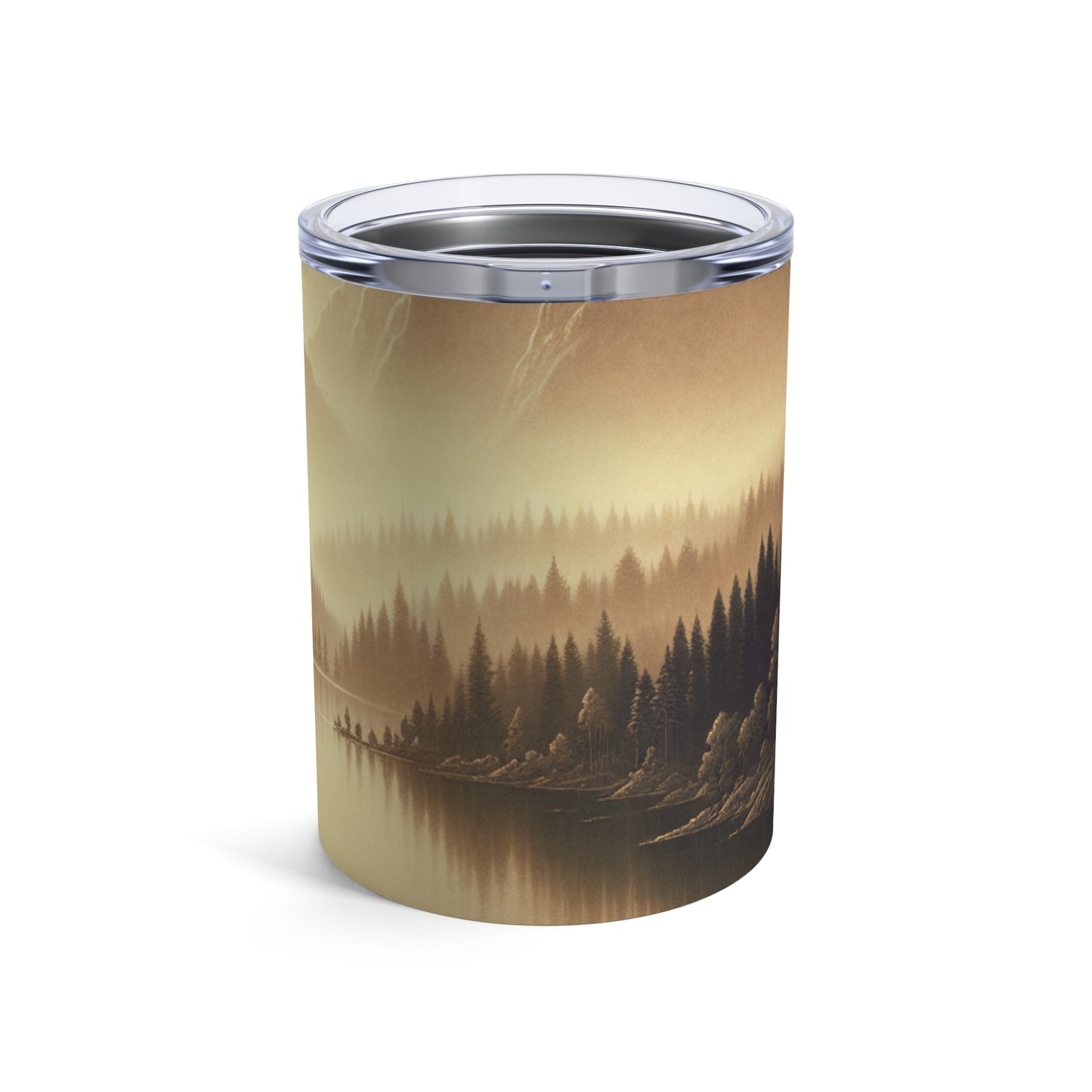 "Dawn at the Lake: A Foggy Mountain Morning" - The Alien Tumbler 10oz Tonalism Style