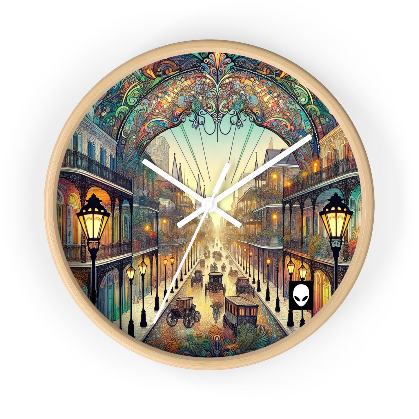 "Vivid Splendor: Une image du quartier français de la Nouvelle-Orléans" - L'horloge murale Alien de style Art Nouveau