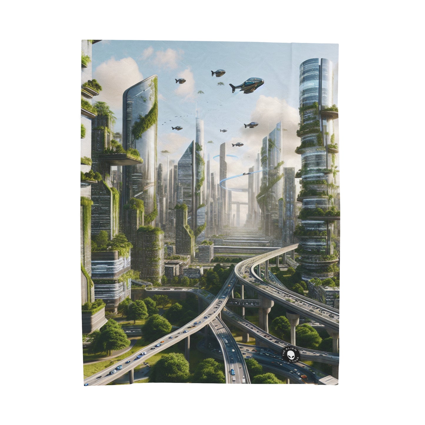 "Nature's Reclamation: A Futuristic Cityscape" - The Alien Velveteen Plush Blanket