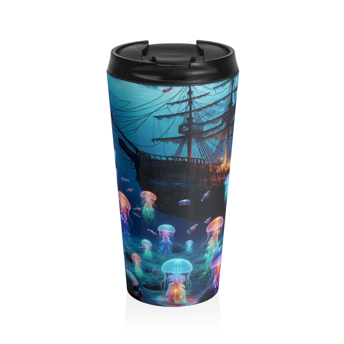 "El paraíso de las medusas resplandecientes: una aventura submarina de ensueño" - Taza de viaje de acero inoxidable The Alien