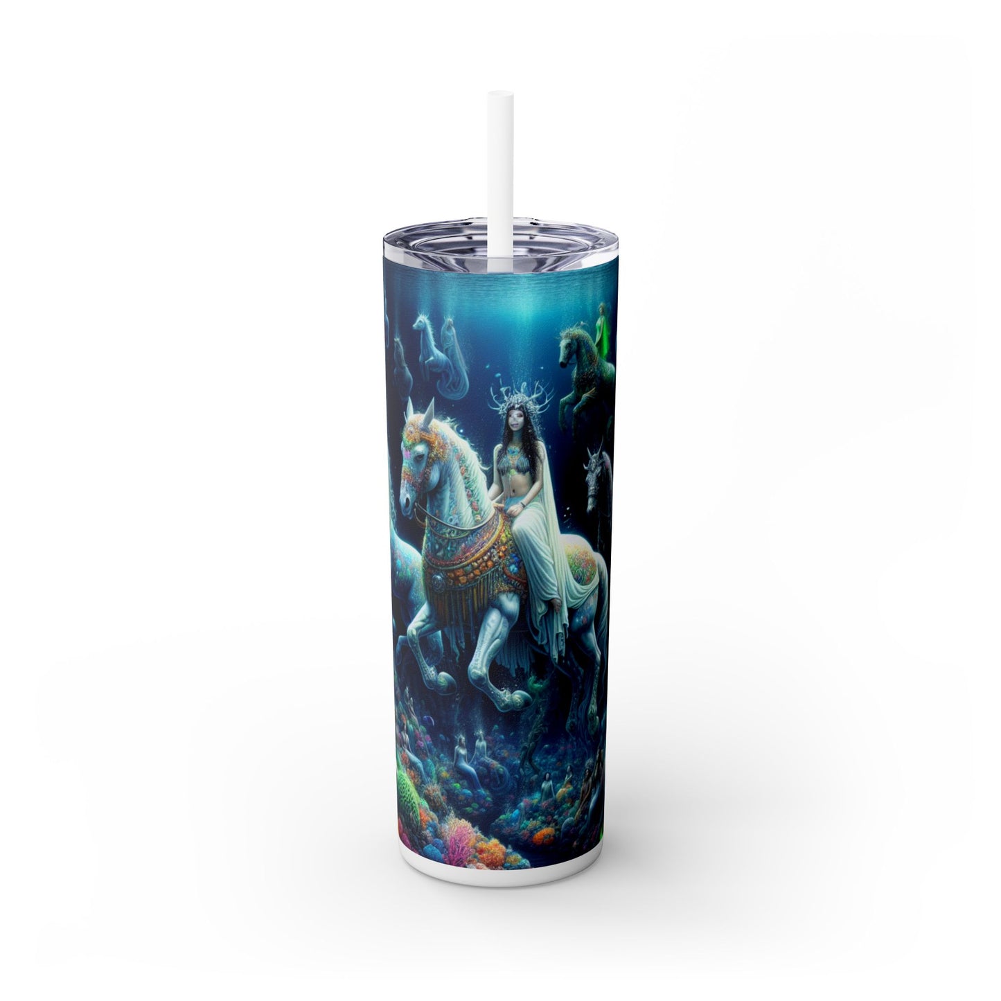 "Reino submarino encantado: sirenas y caballitos de mar" - Vaso delgado con pajita de 20 oz de Alien Maars®