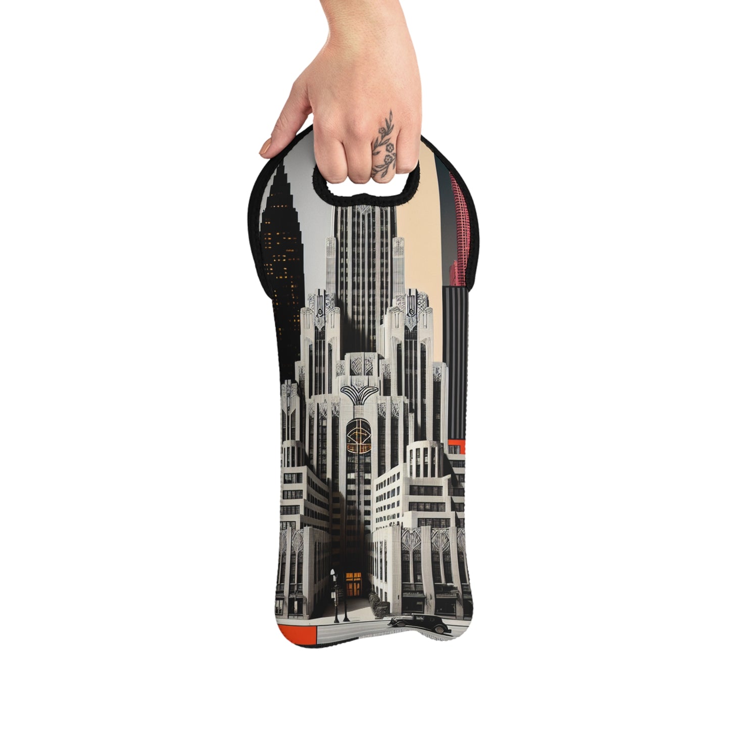 "A Contrast of Times: Classic Art Deco Skyscrapers and a Modern Cityscape" - The Alien Wine Tote Bag Art Deco Style