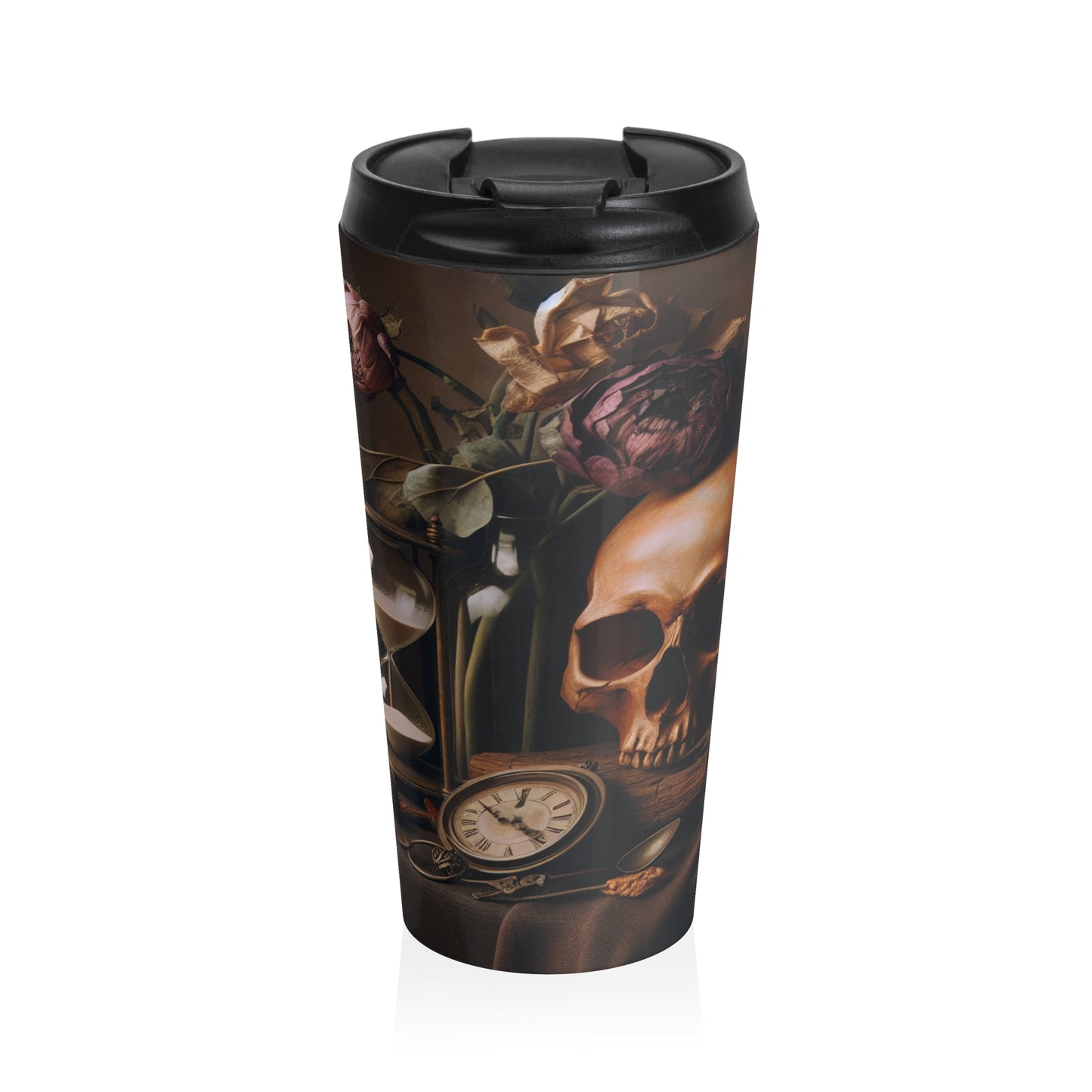 "Fleeting Beauty: A Vibrant Vanitas Painting Depicting the Passage of Time and Transient Nature of Life" - The Alien Stainless Steel Travel Mug Vanitas Painting