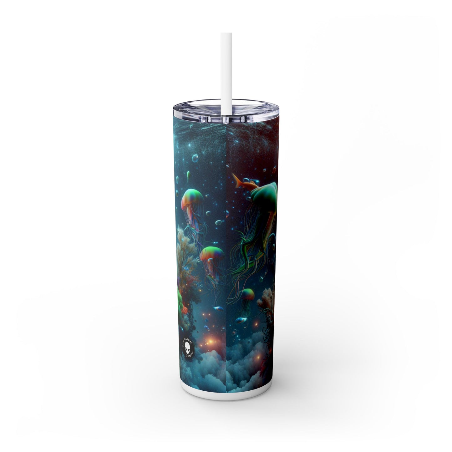 "Los peces de neón bailan en el bosque de corales": vaso estrecho con pajita de 20 oz de Alien Maars®