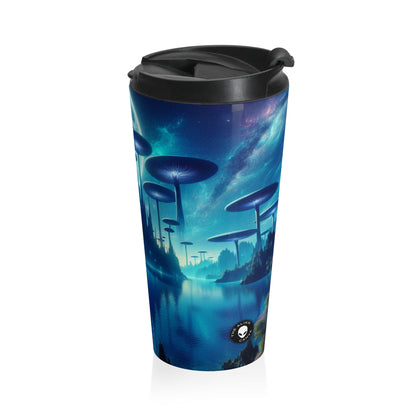 "Moonlit Mushroom Lake" - Taza de viaje de acero inoxidable de The Alien