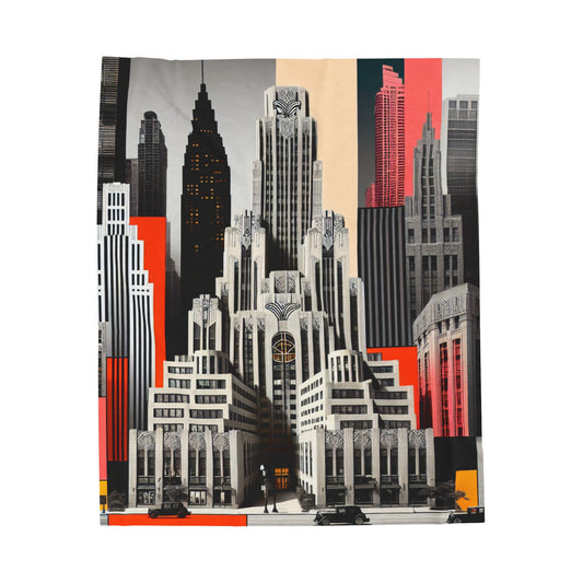"A Contrast of Times: Classic Art Deco Skyscrapers and a Modern Cityscape" - The Alien Velveteen Plush Blanket Art Deco Style