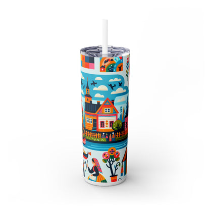 "Whimsical Village: A Folk Art Fairytale" - Vaso delgado con pajita de Alien Maars®, 20 oz, arte popular