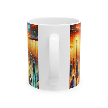 "Paisajes nocturnos de neón: una sinfonía de caos urbano" - Taza de cerámica The Alien de 11 oz