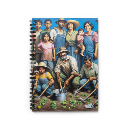 "Récolter l'espoir : une famille de migrants dans le jardin" - Le carnet à spirale Alien (ligne lignée) Style réalisme social