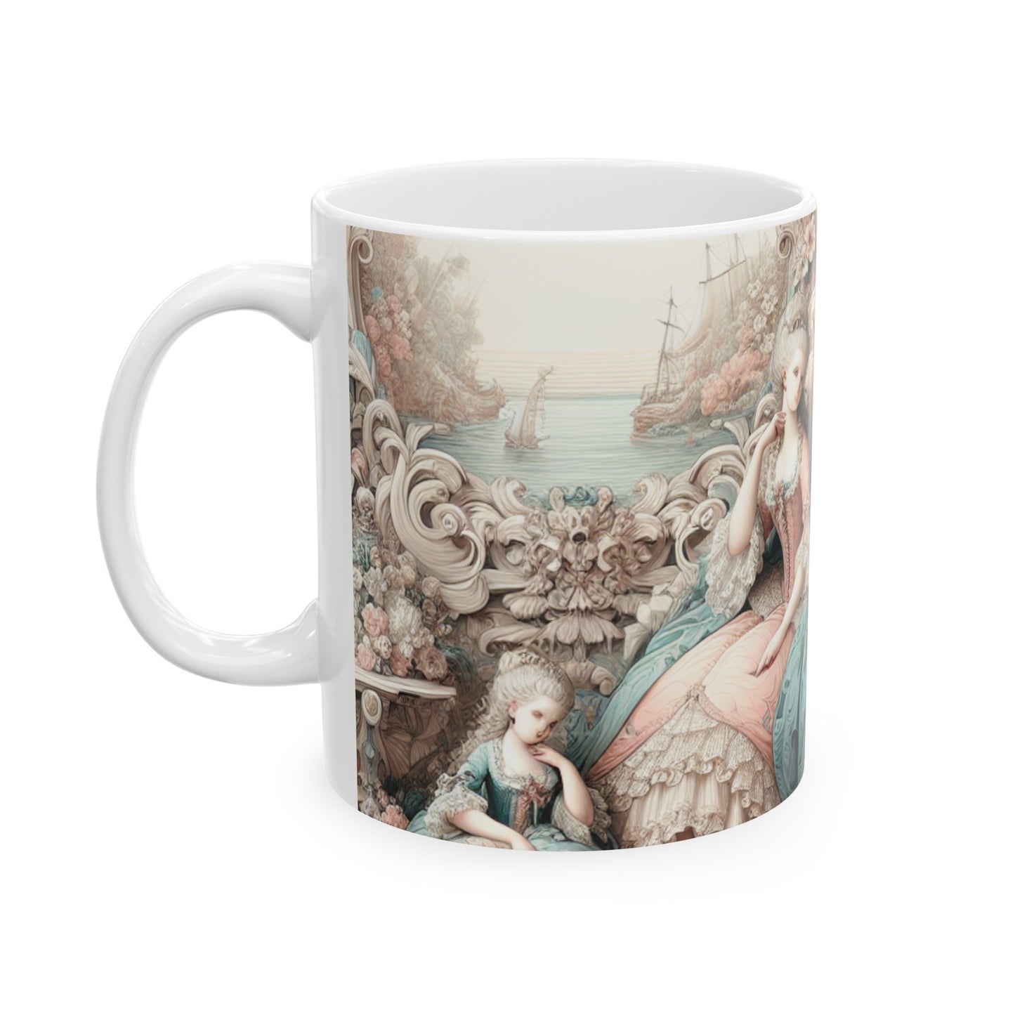 "Encantamiento en jardines en colores pastel: Princesa de hadas rococó" - Taza de cerámica The Alien Rococó de 11 oz