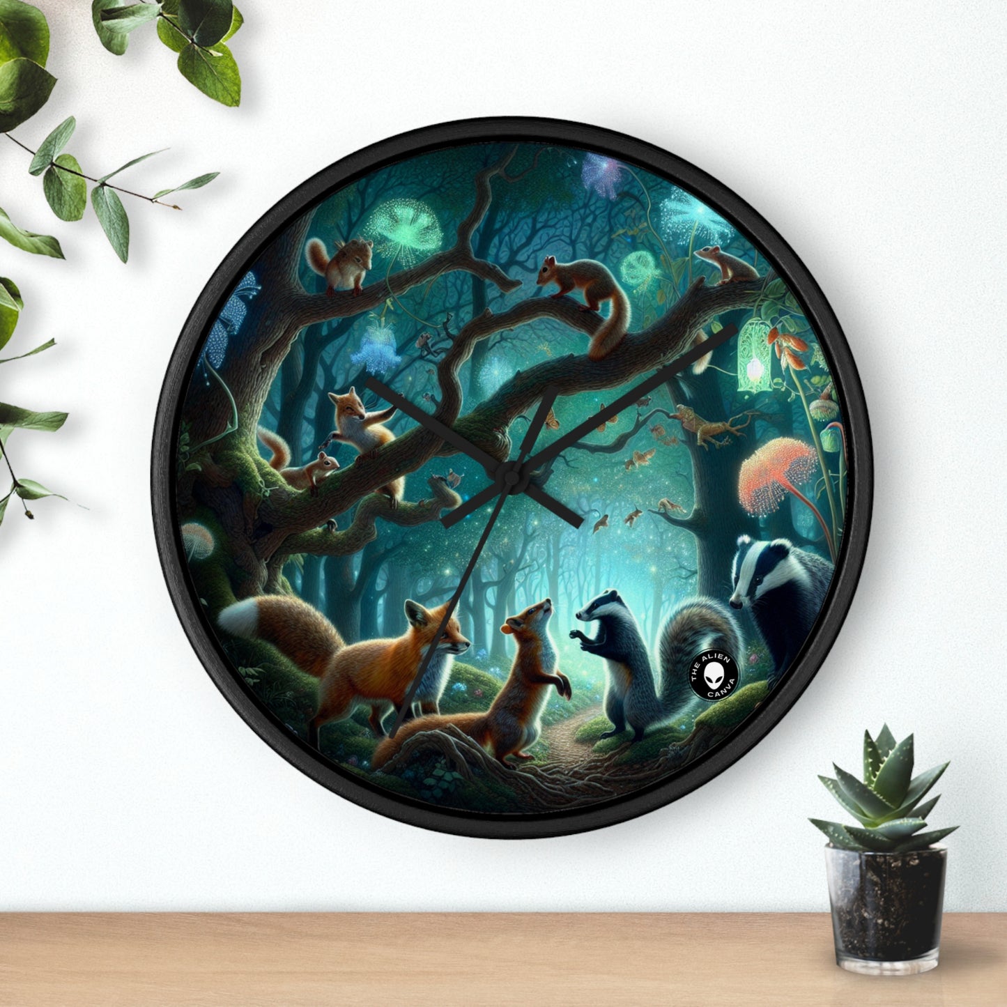 "Animales místicos: criaturas retozando en un bosque encantado" - El reloj de pared alienígena