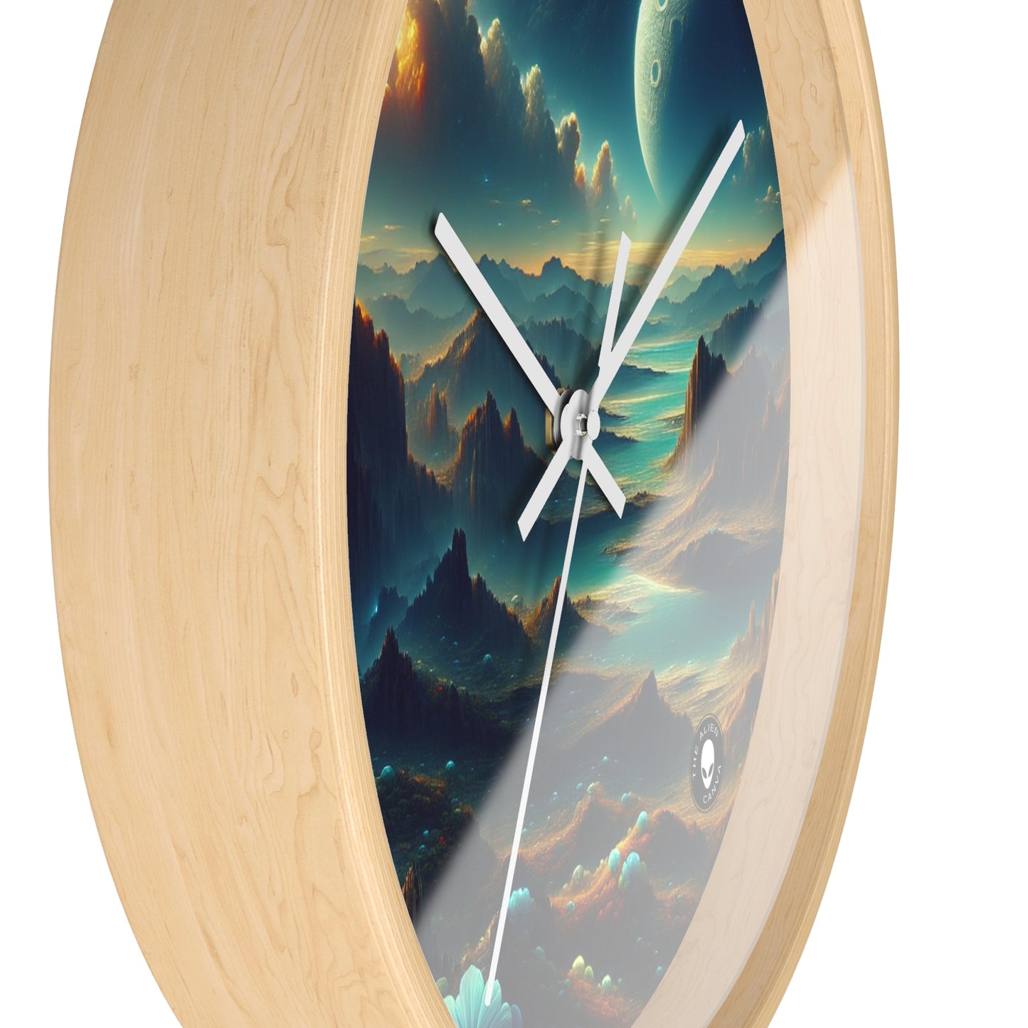 "Un Sueño Extraño: Un Mundo Desconocido en Detalle" - The Alien Wall Clock planetas no descubiertos en estilo hyperrealista