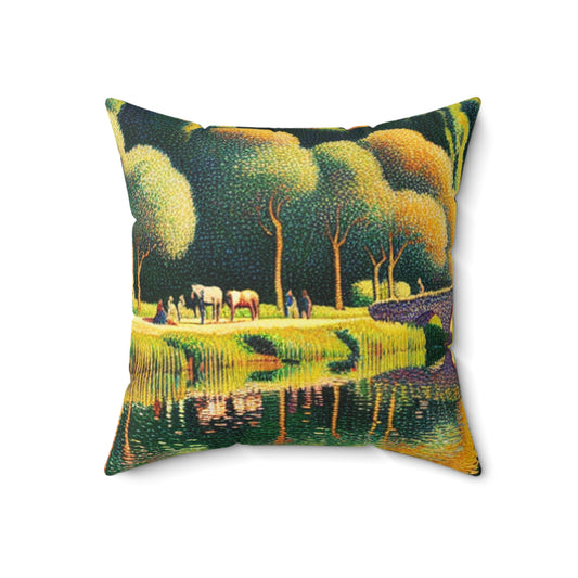 "Tranquil Sunset: A Pointillism Landscape"- The Alien Spun Polyester Square Pillow Pointillism