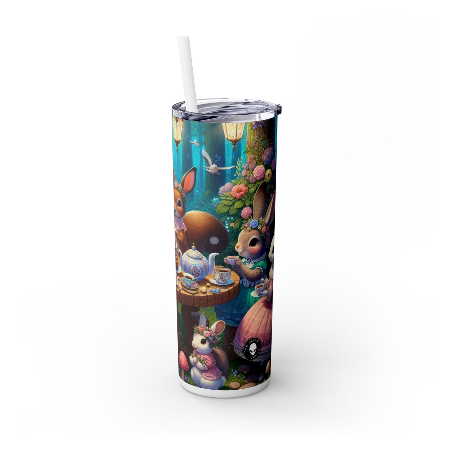 "Fiesta de té encantada en el claro del bosque": vaso estrecho con pajita de 20 oz de Alien Maars®