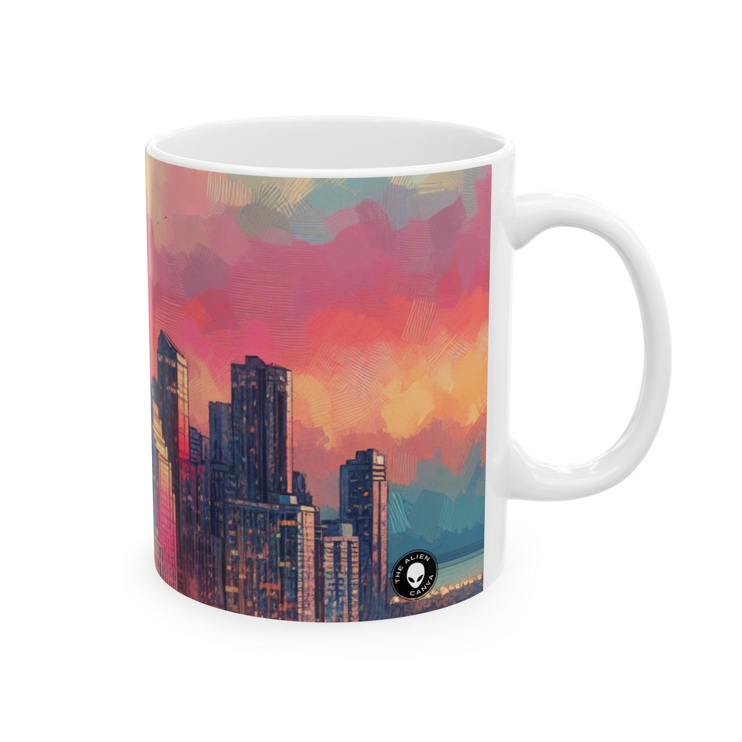 "Reflejos oscuros: horizonte de la ciudad al atardecer" - Taza de cerámica The Alien de 11 oz