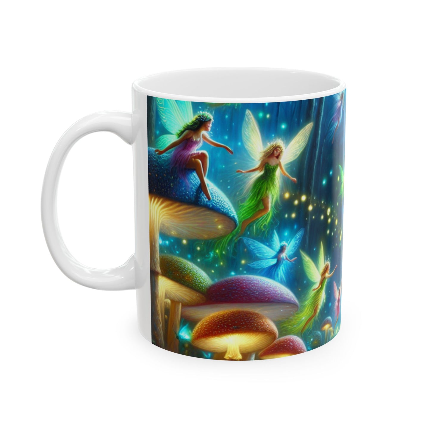 "Danza de hadas en el bosque resplandeciente" - Taza de cerámica alienígena de 11 oz