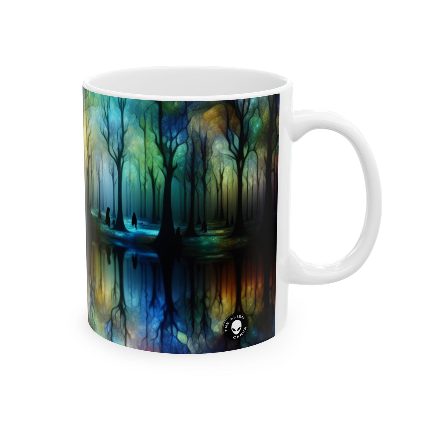 "Bosque arcoíris encantado": taza de cerámica alienígena de 11 oz