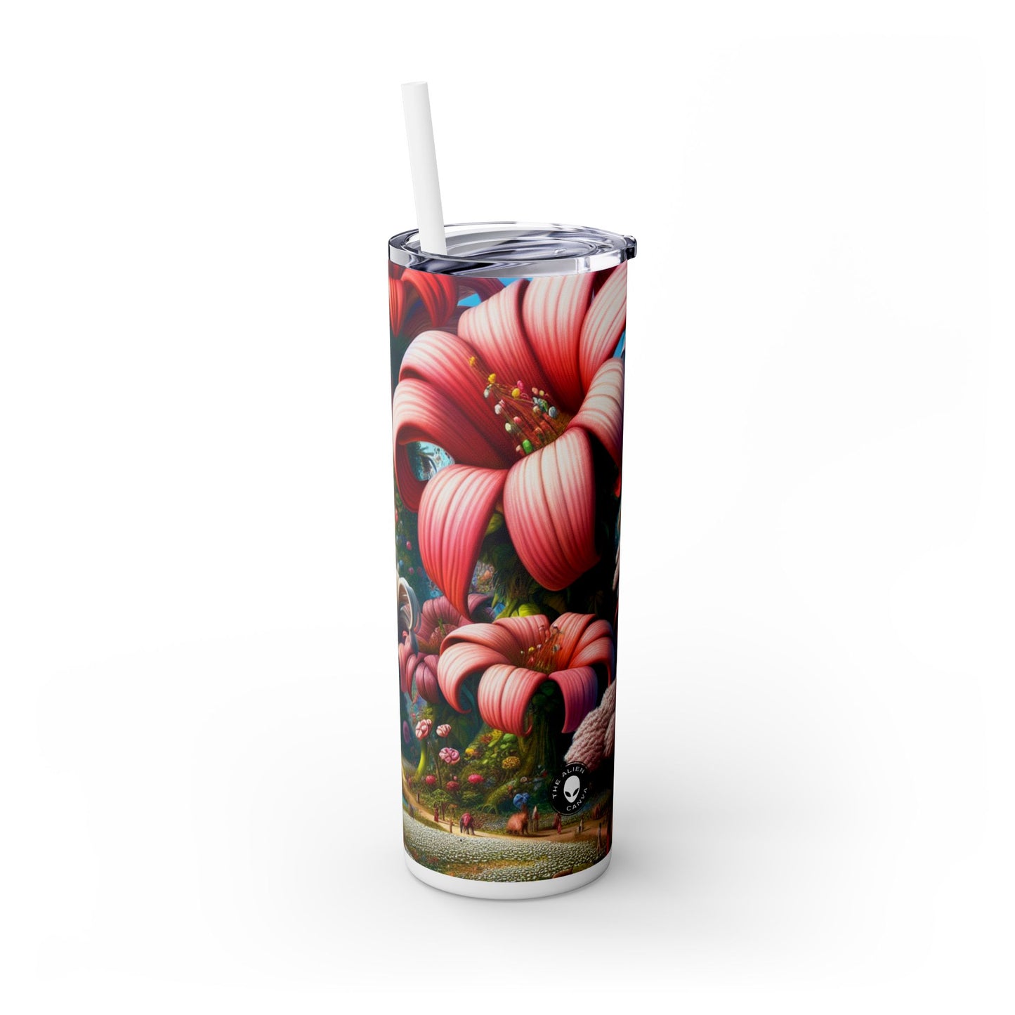 « Jardin fantaisiste : grandes fleurs et petites créatures » - Le verre fin Alien Maars® avec paille 20 oz