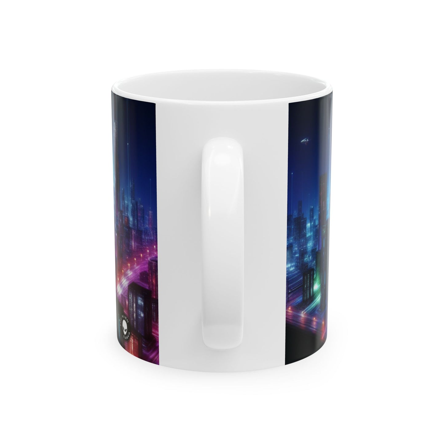 "Neon Skyline: un paisaje urbano futurista" - Taza de cerámica The Alien de 11 oz