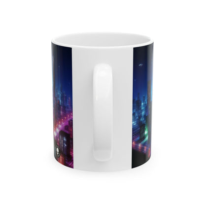 "Neon Skyline: un paisaje urbano futurista" - Taza de cerámica The Alien de 11 oz