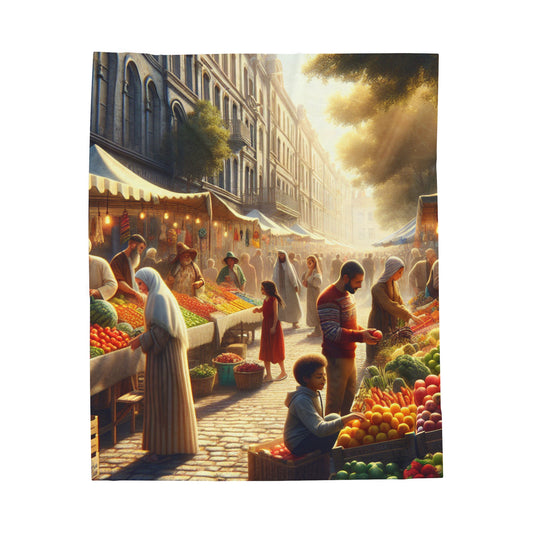 "Vibraciones soleadas en el mercado al aire libre" - Estilo realista de la manta de felpa de pana alienígena