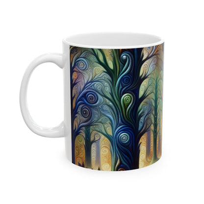 "Bosque arcoíris encantado": taza de cerámica alienígena de 11 oz