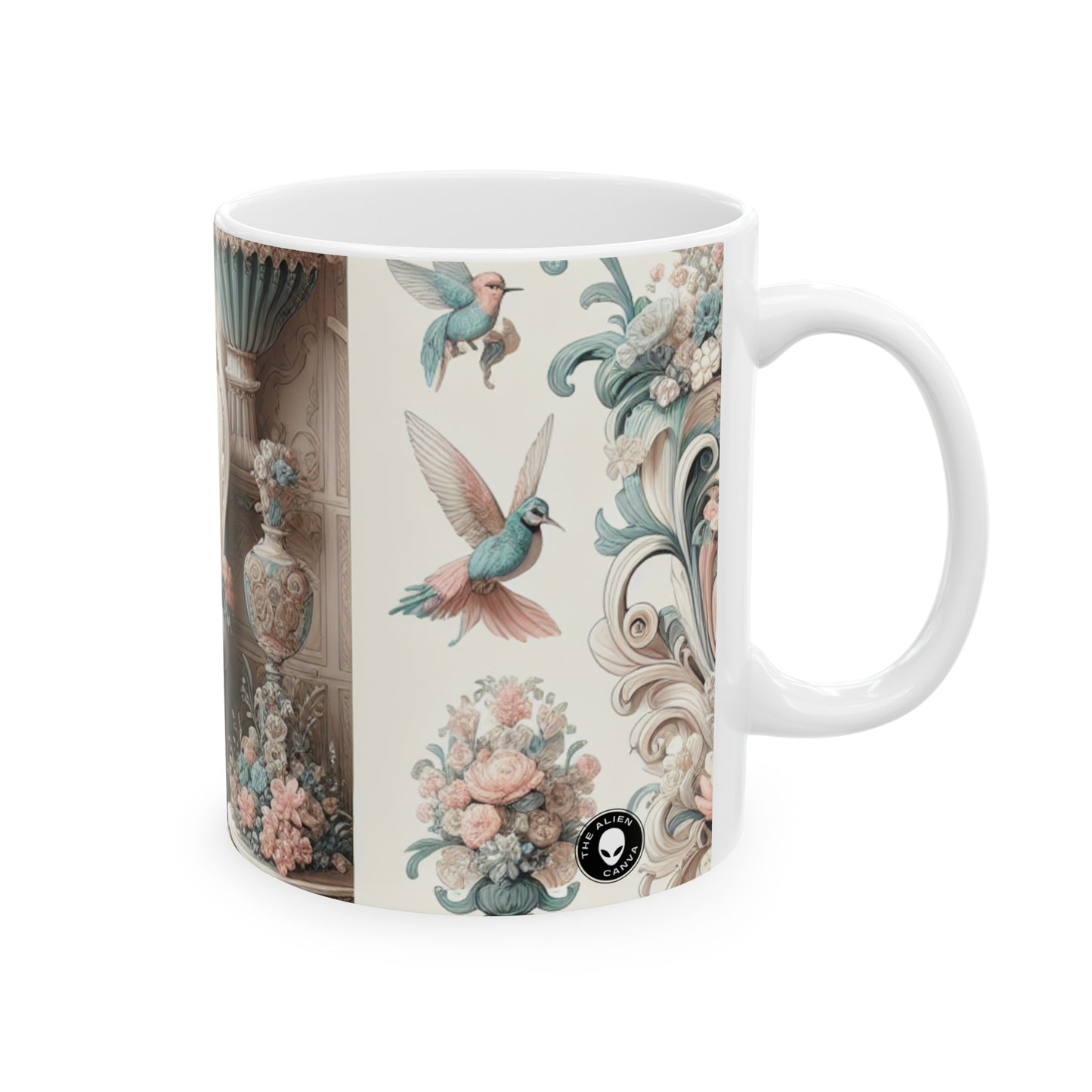 "Encantamiento en jardines en colores pastel: Princesa de hadas rococó" - Taza de cerámica The Alien Rococó de 11 oz