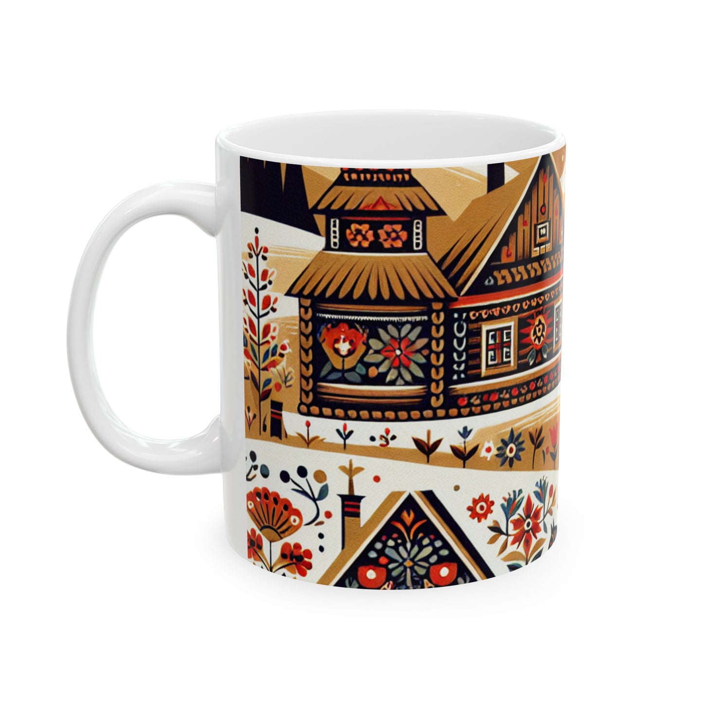 "Ukrainian Village Symphony: A Colorful Folk Art Reflection" - The Alien Ceramic Mug 11oz Folk Art