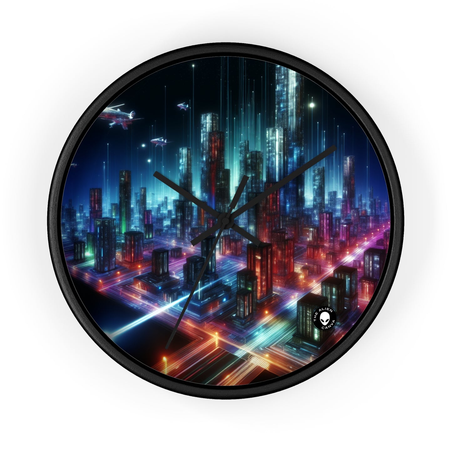 « Neon Skyline : un paysage urbain futuriste » – L'horloge murale Alien