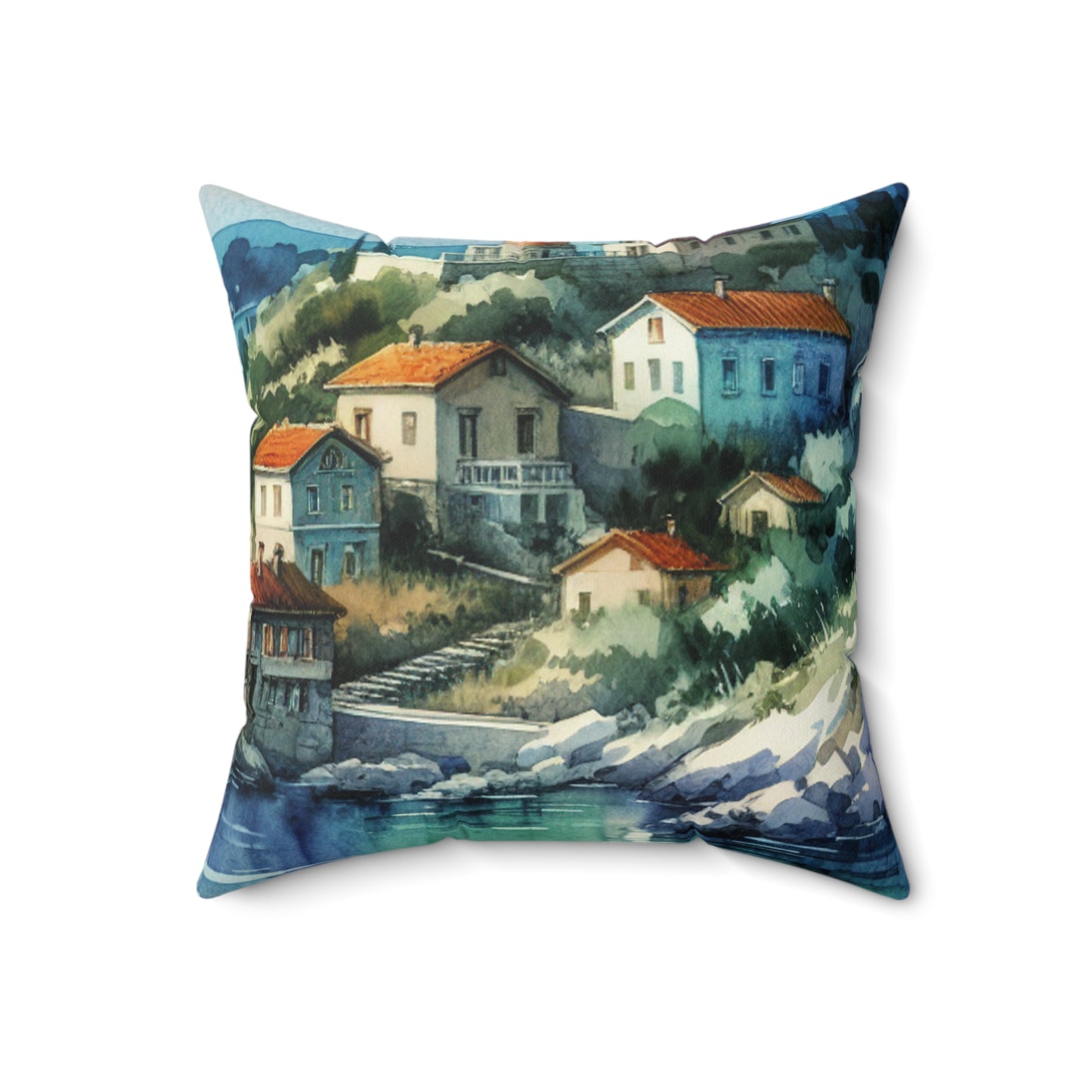 « Aperçu d’un havre de bord de mer » - L’Alien Spun Polyester Square Pillow Aquarelle Peinture Style