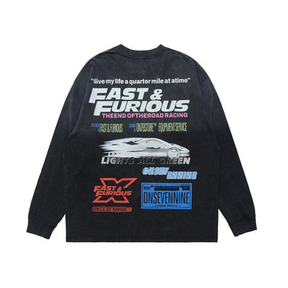 Washed Dyed Motorcycle Printed Long-sleeved T-shirt