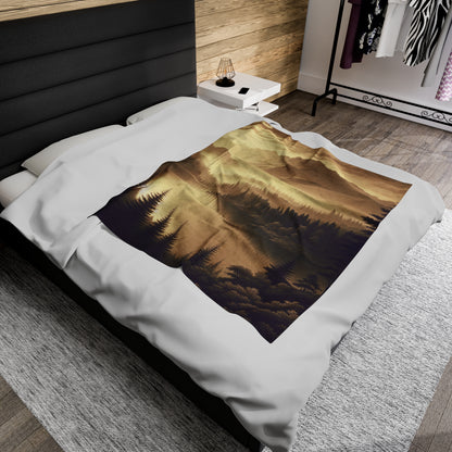 "Dawn at the Lake: A Foggy Mountain Morning" - The Alien Velveteen Plush Blanket Tonalism Style