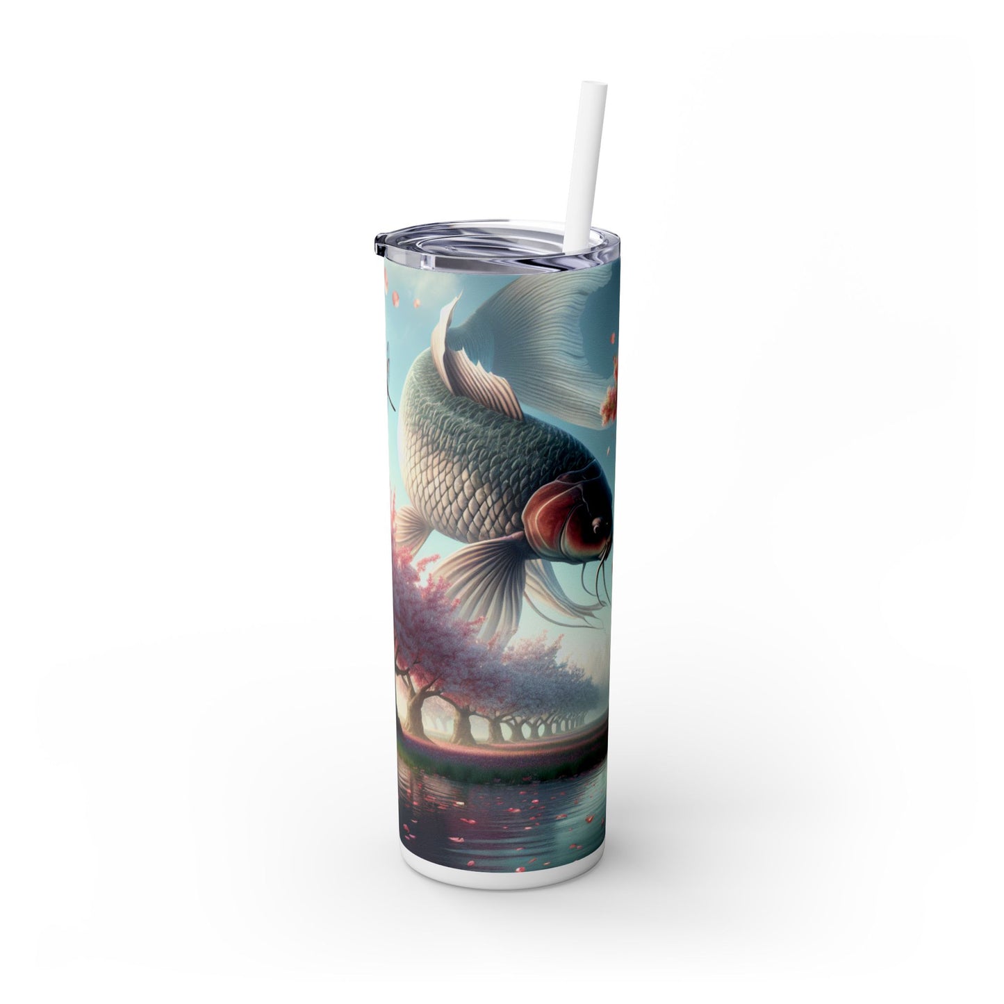 « Poissons koï dans les cerisiers en fleurs : la beauté de la nature » ​​- Verre fin Alien Maars® avec paille 20 oz