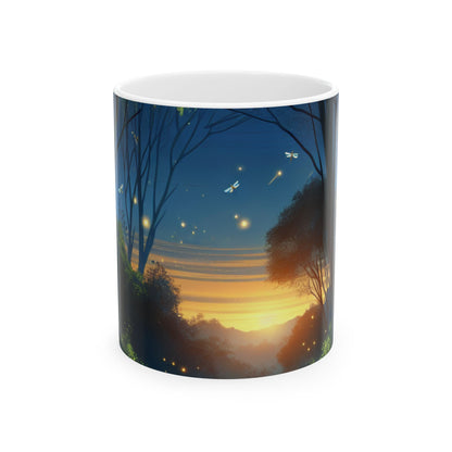 "Atardecer encantado: Luciérnagas en el bosque" - Taza de cerámica alienígena de 11 oz