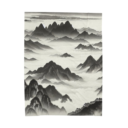 "Misty Peaks in the Fog" - The Alien Velveteen Couverture en peluche Style peinture à l'encre