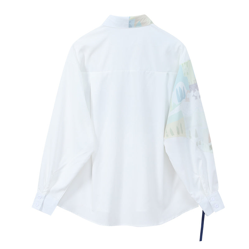 Irregular Streamer Design For Women With Printed Long-sleeved Shirt