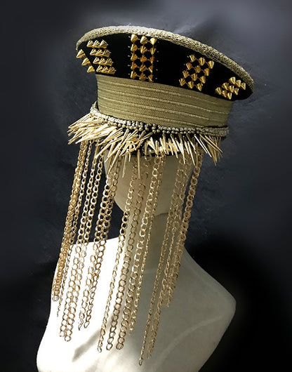 Handsome Punk Golden Rivets Metal Hat Fringe Decoration Punk Bar DJ Performance Singer