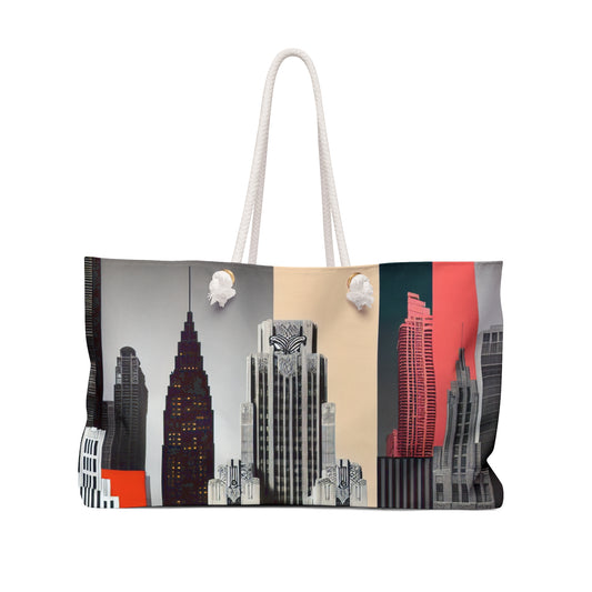 "A Contrast of Times: Classic Art Deco Skyscrapers and a Modern Cityscape" - The Alien Weekender Bag Art Deco Style
