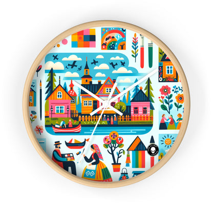 "Whimsical Village: A Folk Art Fairytale" - El reloj de pared alienígena Arte popular