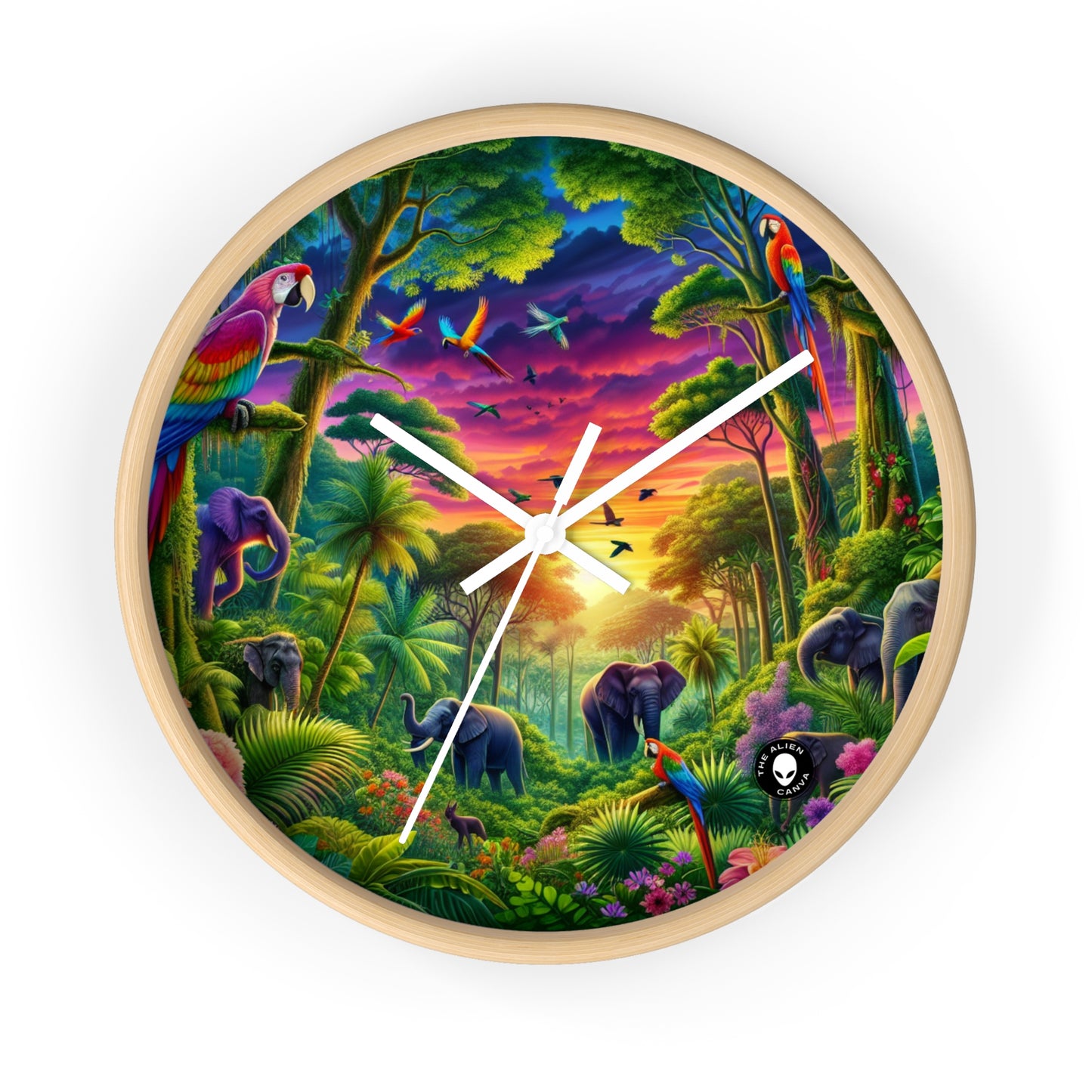 « Coucher de soleil dans la nature : une aventure dans la jungle arc-en-ciel » – L'horloge murale Alien