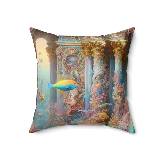 "Splendeur sous-marine : un palais de sirène rococo" - L'oreiller carré en polyester filé Alien style rococo