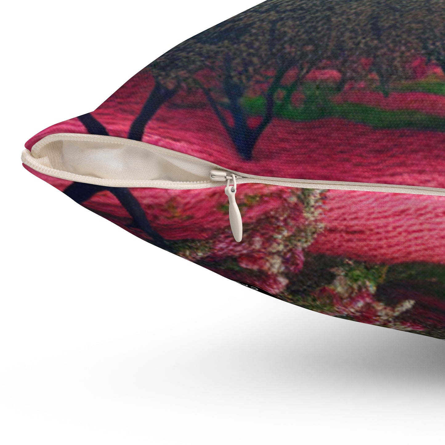 "Apple Sky and Pink Flower Carpet: A Surreal Landscape"- The Alien Spun Polyester Square Pillow