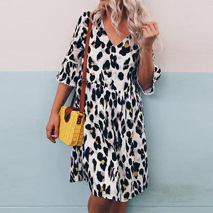 V-neck print leopard print dress