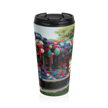 "Whimsical Wonders: Yarn-Bombing the Cityscape" - The Alien Stainless Steel Travel Mug Yarn Bombing (Fiber Art)