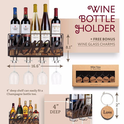 Wine Rack Metal Wall Mount with Bottle and Glass Holder and Cork Storage Store Home Decoration