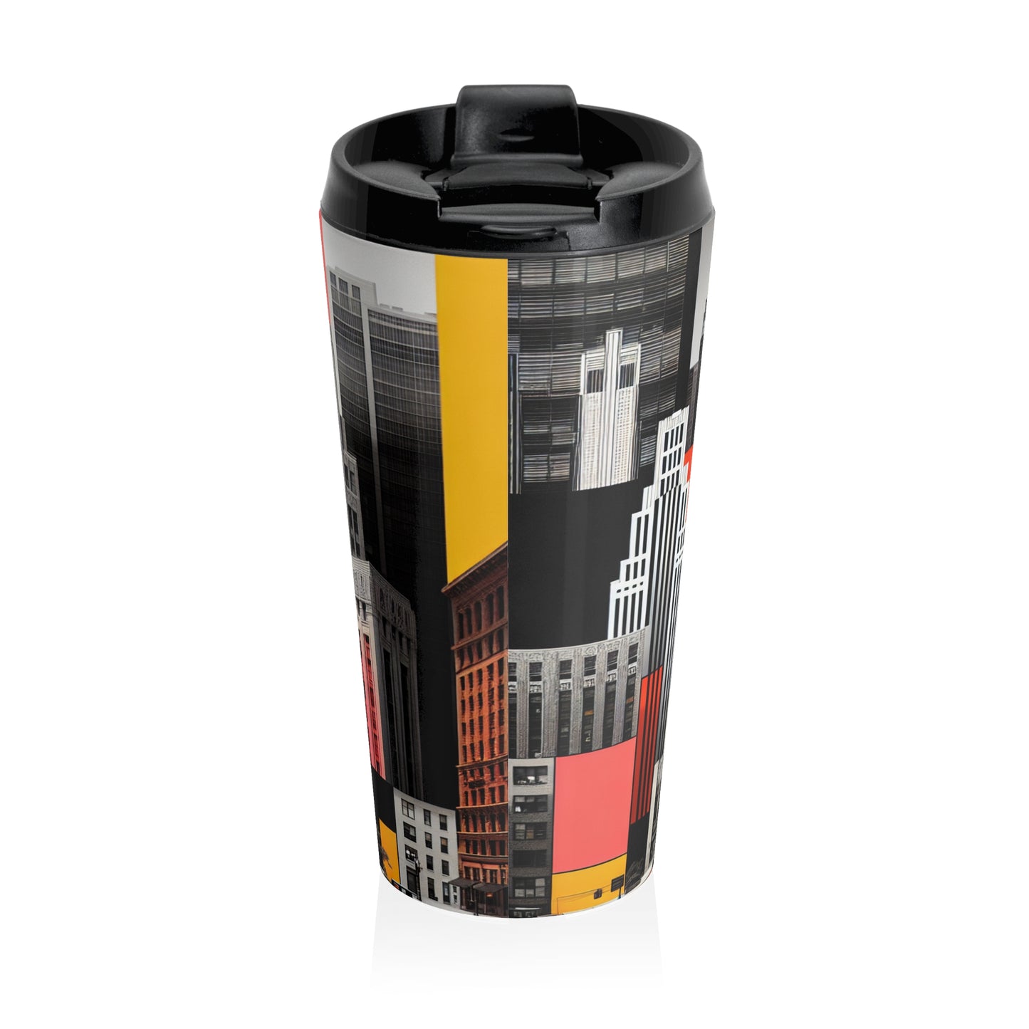 "A Contrast of Times: Classic Art Deco Skyscrapers and a Modern Cityscape" - The Alien Stainless Steel Travel Mug Art Deco Style