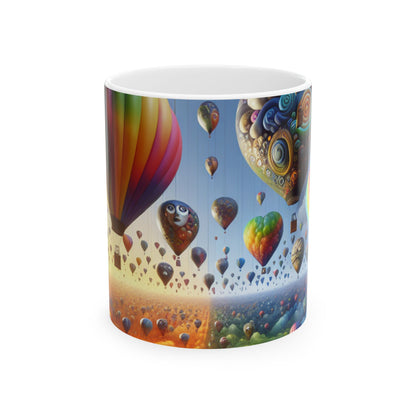 "Horizonte emocional: un paisaje surrealista con globos" - Taza de cerámica The Alien de 11 oz