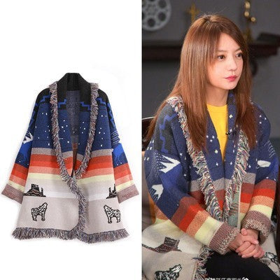 Printed embroidery stitching fringed wool coat